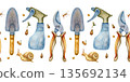Seamless watercolor border pattern with gardening tools and nature elements. Hand-painted shovel, trowel, pruners, fork, watering spray, seeds, sprouts, snail and insects 135692134