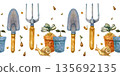 Seamless watercolor border pattern with gardening tools and nature elements. Hand-painted shovel, trowel, pruners, fork, watering spray, seeds, sprouts, pots, snail and insects 135692135