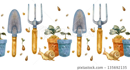 Seamless watercolor border pattern with gardening tools and nature elements. Hand-painted shovel, trowel, pruners, fork, watering spray, seeds, sprouts, pots, snail and insects 135692135