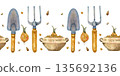 Seamless watercolor border pattern with gardening tools and nature elements. Hand-painted shovel, trowel, pruners, fork, watering spray, seeds, sprouts, pots, snail and insects.  135692136