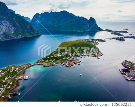 Fjord and mountains landscape. Lofoten islands Norway Fjord and mountains landscape. Lofoten islands Norway 135692235