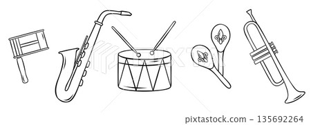 musical instruments, saxophone, trumpet, ratchet, drum, maracas, Mardi gras, simple black and white icon, doodle and sketch style musical instruments, saxophone, trumpet, ratchet, drum, maracas, Mardi gras, simple black and white icon, doodle and sketch style 135692264