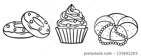 Black and white line art icon of a festive pastry, king cake, donuts, cupcake with bead decoration. Doodle style sketch for Mardi Gras, sweet treat, custom Black and white line art icon of a festive pastry, king cake, donuts, cupcake with bead decoration. Doodle style sketch for Mardi Gras, sweet treat, custom 135692265
