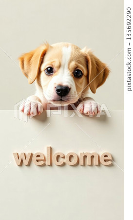Banner design featuring cute Golden Retriever puppy and WELCOME message. Veterinary clinic and pet store welcoming advertisement for clients 135692290