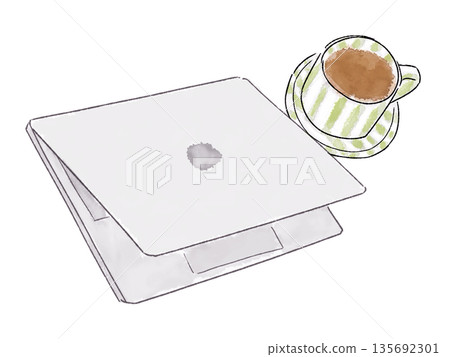 電腦和咖啡杯 135692301