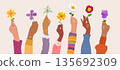 Diverse women raise flowers symbols empowerment unity diversity International Women s Day only women 135692309