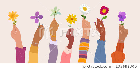 Diverse women raise flowers symbols empowerment unity diversity International Women s Day only women Diverse women raise flowers symbols empowerment unity diversity International Women s Day only women 135692309