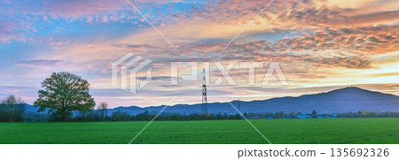 Green field landscape with dramatic sunset sky Green field landscape with dramatic sunset sky 135692326