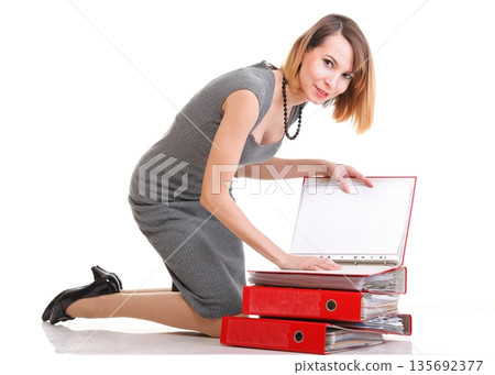 Woman work Overworked businesswoman plenty of documents isolated Woman work Overworked businesswoman plenty of documents isolated 135692377
