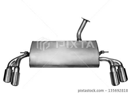 Chrome performance car muffler on a white background Chrome performance car muffler on a white background 135692818