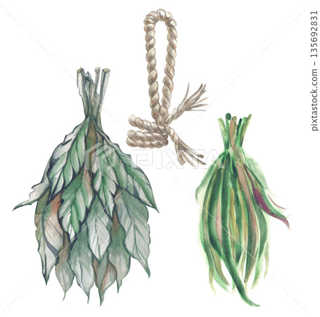 A set with two bunches of grass and a tied rope with a loop. Watercolor illustration of green grass and leaves for drying. Clipart in natural colors for esotericism, aromatherapy. A set with two bunches of grass and a tied rope with a loop. Watercolor illustration of green grass and leaves for drying. Clipart in natural colors for esotericism, aromatherapy. 135692831