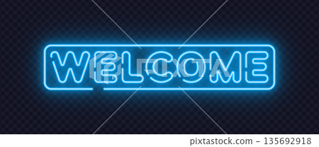 Blue neon vector sign showing Welcome word with soft glow. Friendly typography creates inviting atmosphere for entrances, websites, and digital platforms. Suitable for greeting visuals. Blue neon vector sign showing Welcome word with soft glow. Friendly typography creates inviting atmosphere for entrances, websites, and digital platforms. Suitable for greeting visuals. 135692918