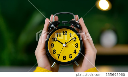 Stylish person uses vivid alarm clock to emphasize urgency in modern lifestyle setting 135692960
