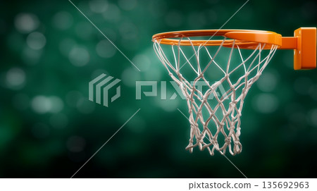 Detailed closeup of basketball hoop emphasizing net and rim with vibrant surroundings 135692963