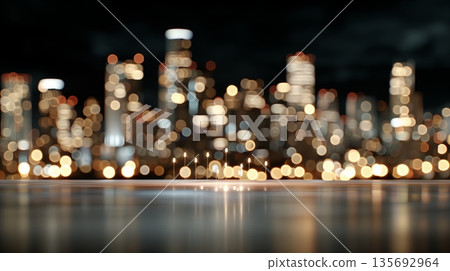 Twilight city horizon features distant tall buildings with soft reflections on gentle water 135692964