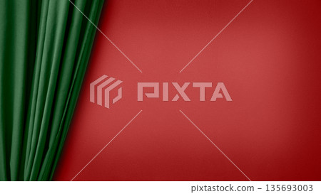 Green velvet curtain against red textured wall with copy space 135693003