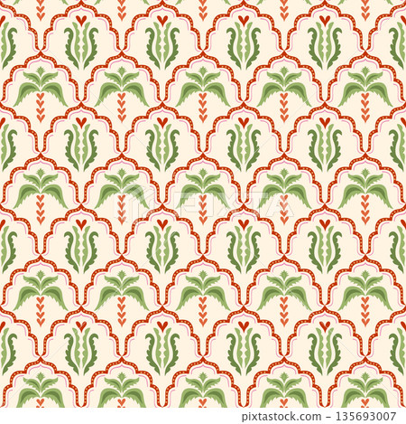 Palm tree damask seamless pattern. Vector Arabic summer print, tropical wallpaper, textile design 135693007