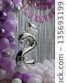 Number 2 silver balloon with purple and white birthday decorations 135693199