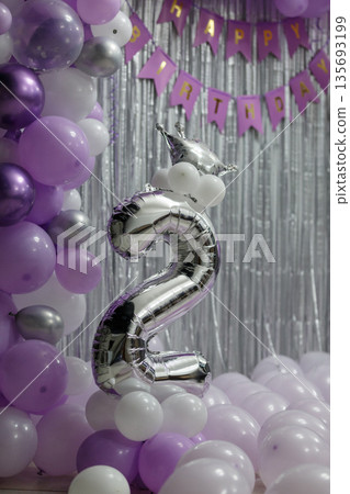 Number 2 silver balloon with purple and white birthday decorations Number 2 silver balloon with purple and white birthday decorations 135693199