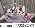 Cute birthday cake with number 2 and bunny decoration 135693205