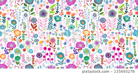 Seamless pattern beautiful simple flowers. Small colorful flowers. hand drawn. Not AI. Vector illustration Seamless pattern beautiful simple flowers. Small colorful flowers. hand drawn. Not AI. Vector illustration 135693276