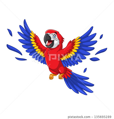 Cartoon macaw bird flying happily Cartoon macaw bird flying happily 135693289