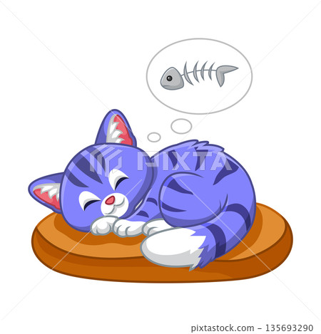 Cute cartoon cat sleeping dreaming of fish bones Cute cartoon cat sleeping dreaming of fish bones 135693290