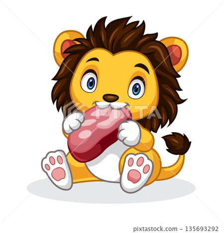 Cute little lion cub cartoon sitting holding a piece of meat 135693292