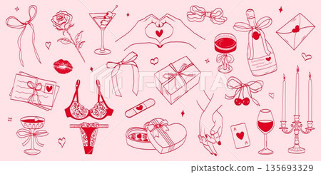 Whimsical hand drawn coquette illustration set in red ink on soft pink background. Romantic Valentine elements with bows, hearts, gifts and symbols, elegant feminine line art style. 135693329