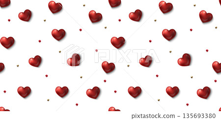 Valentines Day love seamless pattern on white background. Glossy red 3d heart with golden beads decoration. Romantic vector wrapping paper texture 135693380