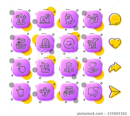 Love, Buying currency and People insurance line icons. App 3d buttons. Social media comment, share, like icons. Pack of Dont touch, Voicemail, Yummy smile icon. Vector 135693383