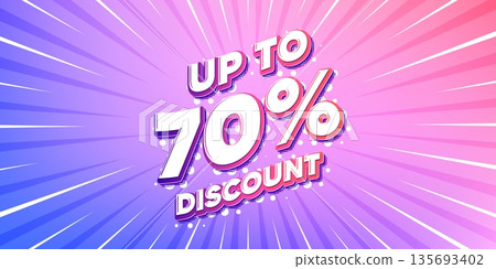 Discount tag sun rays gradient banner. Light burst background. Up to 70 percent discount. Sale offer price sign. Special offer symbol. Save 70 percentages. Gradient sun rays. Sunburst light. Vector 135693402