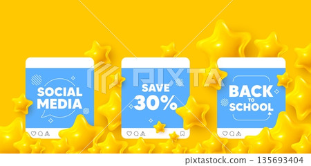 Discount social media post. Back to school template. Save 30 percent off tag. Sale Discount offer price sign. Special offer symbol. Like, comment and share icons. Vector Discount social media post. Back to school template. Save 30 percent off tag. Sale Discount offer price sign. Special offer symbol. Like, comment and share icons. Vector 135693404