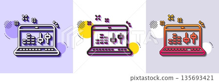 Sound check line icon. Halftone dotted pattern. Gradient icon with grain shadow. DJ controller sign. Musical app on laptop symbol. Line sound check icon. Various designs. Vector Sound check line icon. Halftone dotted pattern. Gradient icon with grain shadow. DJ controller sign. Musical app on laptop symbol. Line sound check icon. Various designs. Vector 135693421