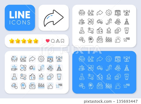 Christmas tree, Gears and Rating stars line icons for web app. Message, Share, Like social media icons. Pack of Money transfer, Market sale, Teamwork pictogram icons. Vector 135693447