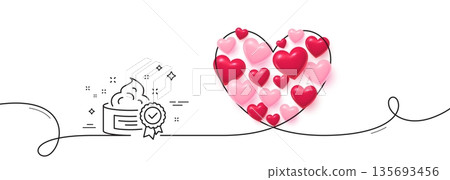 Cream line icon. Continuous line big heart. Certificated Skin or Face care sign. Gel or Lotion symbol. 3d hearts in heart shaped loop. Cream single line ribbon. Loop curve pattern. Vector 135693456