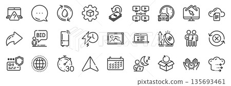 Survey, Product development and Calendar line icons pack. Share, Message, Paper plane icons. File storage, Cashback, Work home web icon. Globe, Payment protection, Video conference pictogram. Vector 135693461