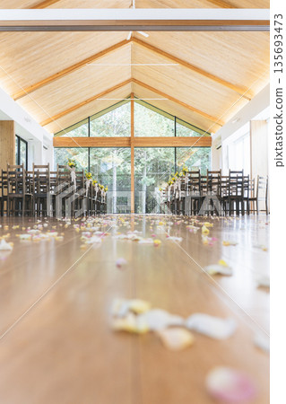 Empty garden wedding chapel and flower shower on the floor 135693473