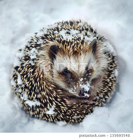Hedgehog Curled Up in Snow Captured in Macro Close-Up with Winter Texture and Detail 135693548