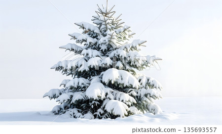 Frosted Evergreen Tree in Serene Snowy Landscape for Seasonal and Holiday Design Frosted Evergreen Tree in Serene Snowy Landscape for Seasonal and Holiday Design 135693557