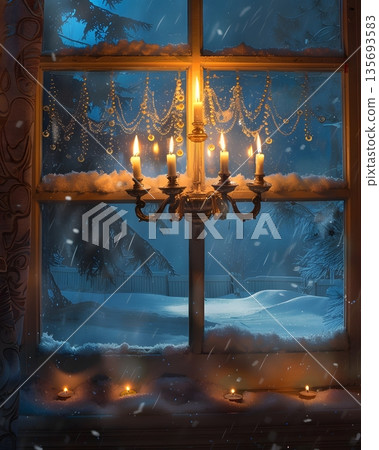 Hanukkah Celebration by Window with Menorah and Snowfall Captured in Warm Holiday Scene Hanukkah Celebration by Window with Menorah and Snowfall Captured in Warm Holiday Scene 135693583