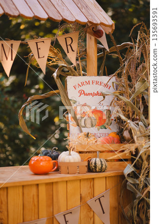 Cozy Autumn Beverage Setup with Pumpkins Cozy Autumn Beverage Setup with Pumpkins 135693591