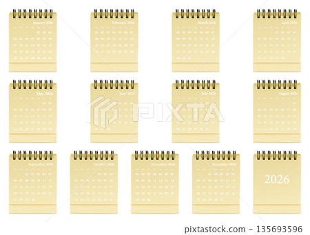 Yellow desktop calendar template featuring clean grid layout, spiral-bound planner 2026 organization Yellow desktop calendar template featuring clean grid layout, spiral-bound planner 2026 organization 135693596