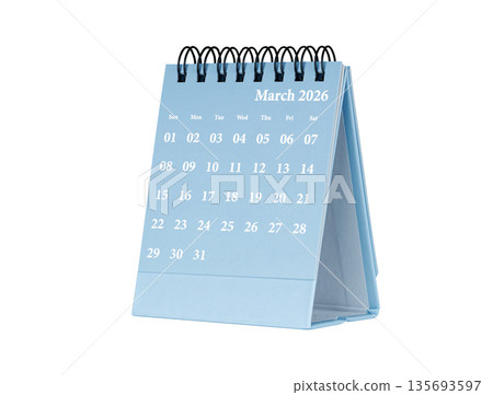 Desktop calendar for March 2026 in blue colour. Mini planner for business and finance, spiral view on isolated white background Desktop calendar for March 2026 in blue colour. Mini planner for business and finance, spiral view on isolated white background 135693597