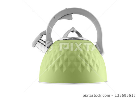 kettle with whistle, matte Yellow color, with rhombus texture on isolated and white background kettle with whistle, matte Yellow color, with rhombus texture on isolated and white background 135693615