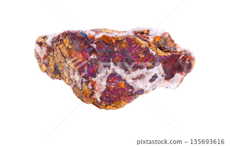 Rare chalcopyrite rock fragment displaying iridescent peacock colors, iron-copper mineral 135693616