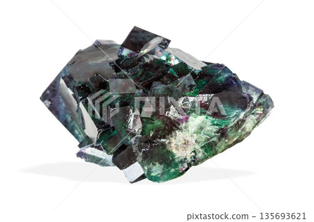 Natural Green Fluorite Crystal Cluster on White Background Natural Green Fluorite Crystal Cluster on White Background 135693621