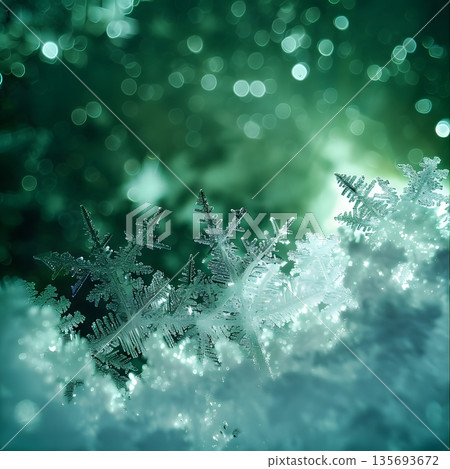 Macro Shot of Snowflakes Under Northern Lights Highlighting Crystalline Texture and Ethereal Glow Macro Shot of Snowflakes Under Northern Lights Highlighting Crystalline Texture and Ethereal Glow 135693672