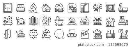 Furniture line icons. Settings gear, Message, Inflation icons. Balcony, house terrace and garden deckchair set. Home furniture, bath tub and fireplace line icons. Vector Furniture line icons. Settings gear, Message, Inflation icons. Balcony, house terrace and garden deckchair set. Home furniture, bath tub and fireplace line icons. Vector 135693679