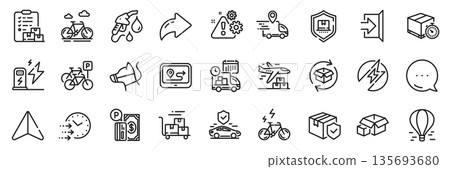 Warning, Petrol station and Delivery time line icons pack. Share, Message, Paper plane icons. Delivery timer, Air balloon, Transport insurance web icon. Vector Warning, Petrol station and Delivery time line icons pack. Share, Message, Paper plane icons. Delivery timer, Air balloon, Transport insurance web icon. Vector 135693680